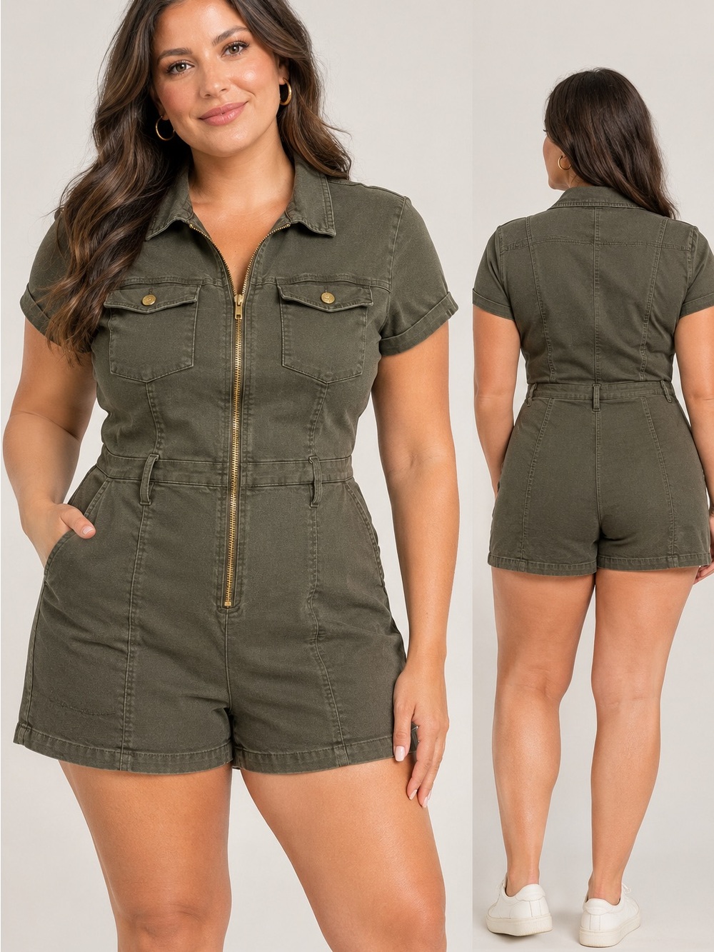 GUESS Olive Green Zip Up Utility Romper Short Sleeve Safari Gorpcore Cargo Large